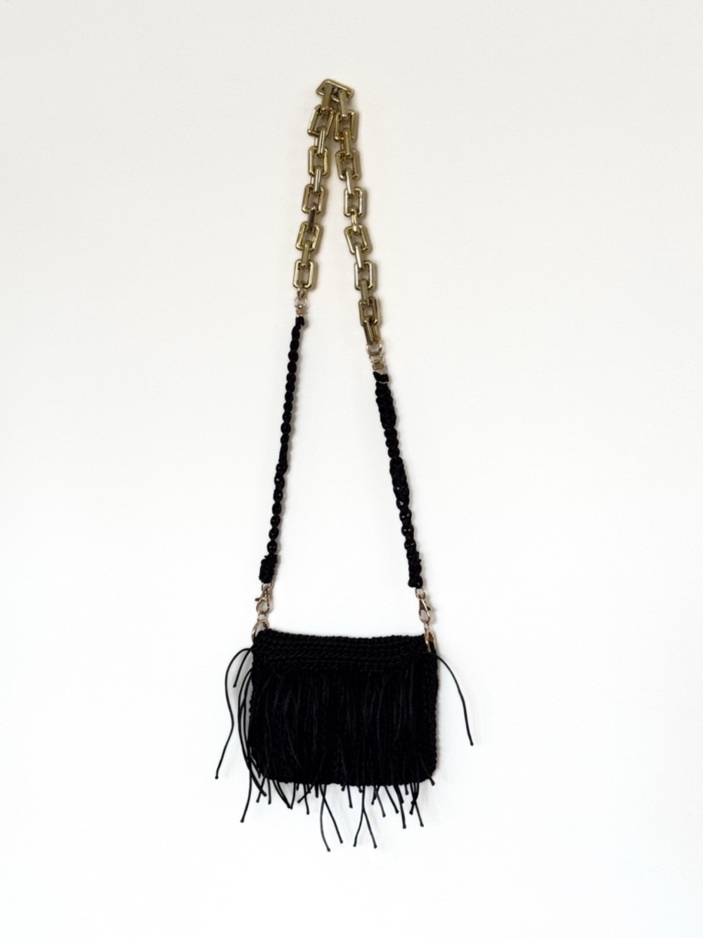 Handmade Black Fringe Crossbody with removable Gold Chain Crochet Macrame Clutch
